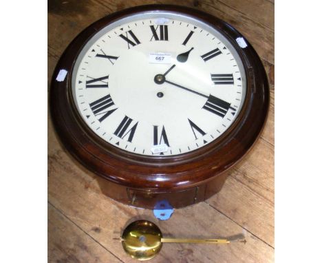 A mahogany wall clock timepiece with single fusee movement, white enamel dial and Roman numerals