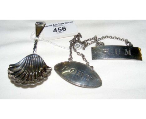 Silver caddy spoon by George Unite, "Port" label, etc.