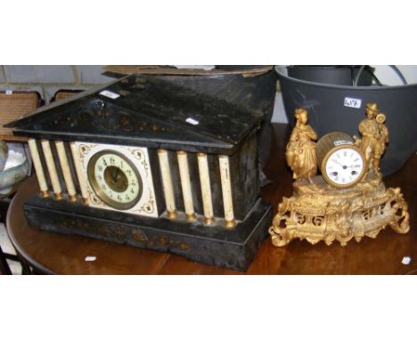 A large heavy slate mantel clock, together with a French gilt clock