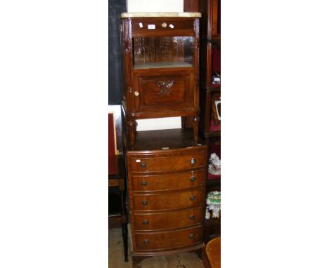 A French walnut bedside cabinet with marble top and a reproduction bow-front chest of five graduated drawers