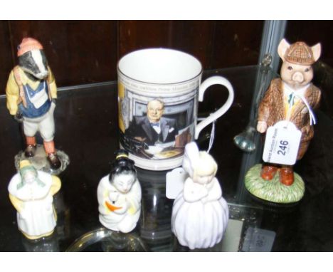 Beswick figure - "Gentleman Pig", together with "Hike Badger" and three Royal Worcester candle snuffers including "French Coo