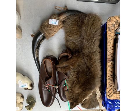 A PAIR OF VINTAGE LEATHER MORRIS DANCER'S CLOGS, A SET OF TAXIDERMY CATTLE HORNS AND FUR STOLE 