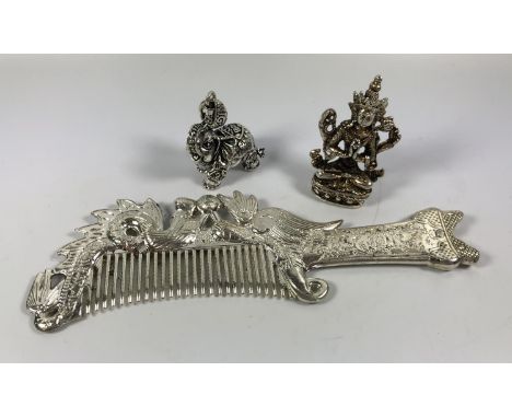 THREE WHITE METAL CHINESE ITEMS - COMB, BUDDHA AND ELEPHANT PENDANT 