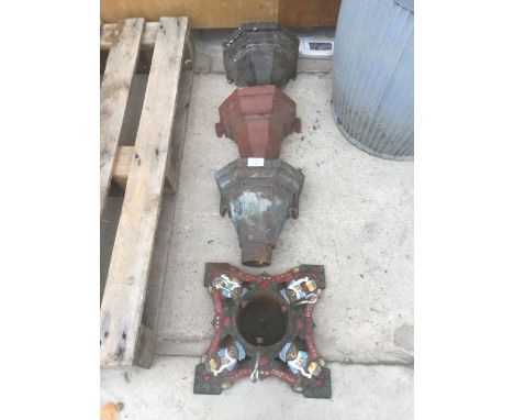 THREE VINTAGE CAST IRON DRAIN PIPE TOPS AND CHRISTMAS TREE STAND 