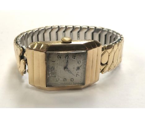 A LADIES 9CT YELLOW GO,D CASED VINTAGE WATCH ON GOLD PLATED EXPANDABLE STRAP, WEIGHT WITHOUT MOVEMENT, 34.2G (INCLUDING STRAP