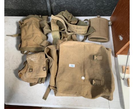 A VINTAGE ARMY BAG AND FLASK ETC 