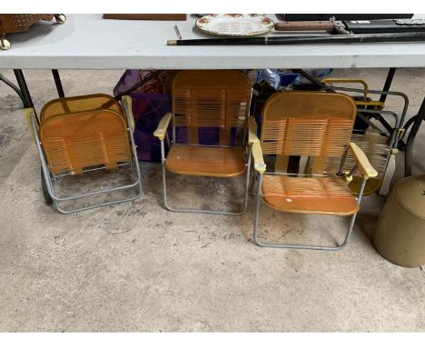 FOUR VINTAGE CHILDS FOLD UP ORANGE CHAIRS 