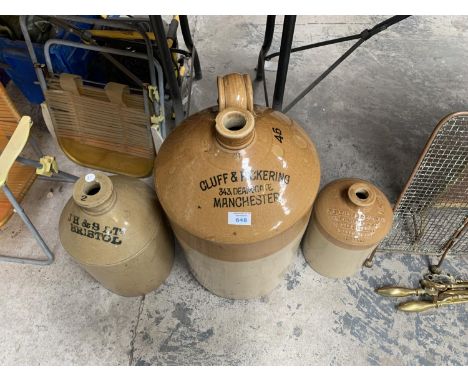 THREE VINTAGE STONEWARE FLAGONS TO INCLUDE MANCHESTER EXAMPLES ETC 