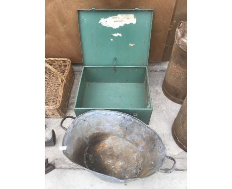 A VINTAGE GALVANISED BATH AND A GREEN METAL STORAGE BOX 