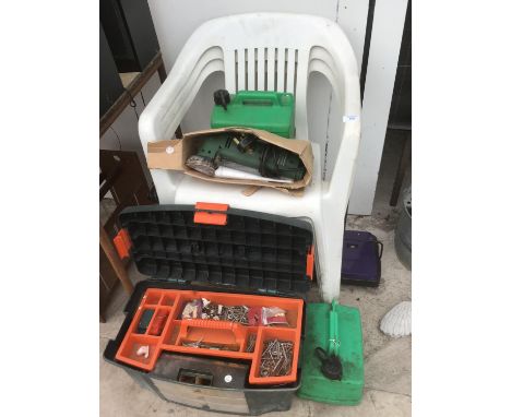 THREE WHITE PLASTIC GARDEN CHAIRS, A TOLL BOX, EWBANK SWEEPER, TWO PETROL CANS AND A LYNX SANDER IN WORKING ORDER 