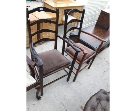 TWO LADDER BACK OAK CARVER ARMCHAIRS 