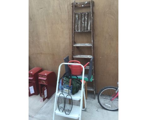 A VINTAGE SIX RUNG WOODEN STEP LADDER, A STOOL, A METAL TWO RUNG STEP LADDER, A PATIO SET COVER ETC 