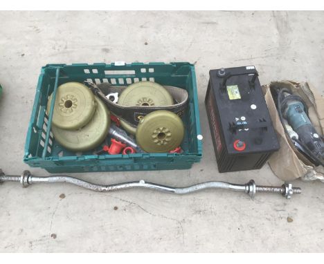 A LOT TO INCLUDE A MATIKA ANGLE GRINDER, A BATTERY, AND WEIGHT LIFTING ITEMS 