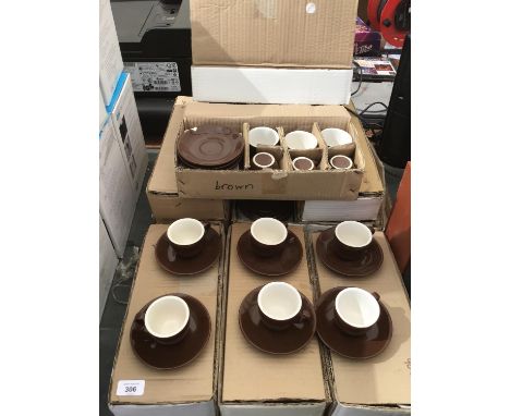 TEN SETS OF BROWN COFFEE CUPS AND SAUCERS 