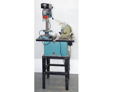 A CLARKE 10" TABLE SAW, CLARKE PILLAR DRILL AND A WINMAX BENCH TOP GRINDER 