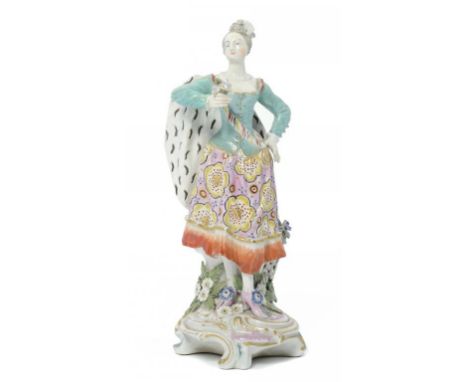 A DERBY FIGURE OF A RANELAGH DANCER'S COMPANION, C1765-70 25CM H  ++Restoration to head dress, neck, right forearm and cloak.