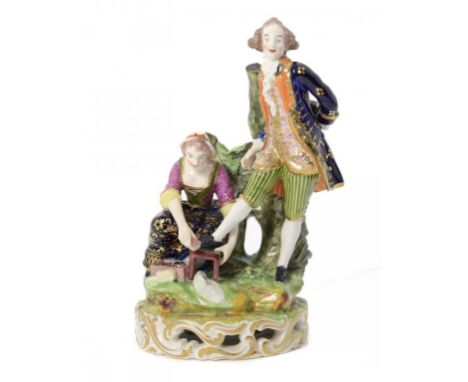 A DERBY GROUP OF THE SHOE-BLACK, C1820 RICHLY ENAMELLED AND GILT, 18CM H, INCISED NO 81, RED PAINTED MARK  ++Lacking the top 