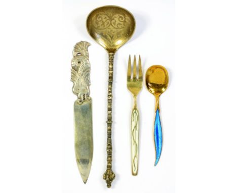 A SCANDINAVIAN SILVER LETTER KNIFE, 20TH C    18CM L, MAKER'S MARK GA AND 830,  A SCANDINAVIAN SILVER GILT SERVING SPOON WITH