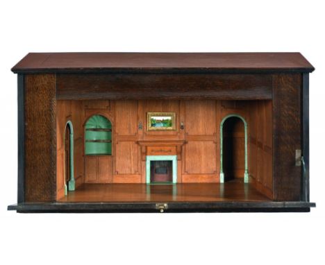 AN OAK ARCHITECTURAL MODEL OF AN 18TH CENTURY  PANELLED ROOM, C1930  WITH CHIMNEYPIECE AND ALCOVES, GLAZED FALL FRONT WITH BR
