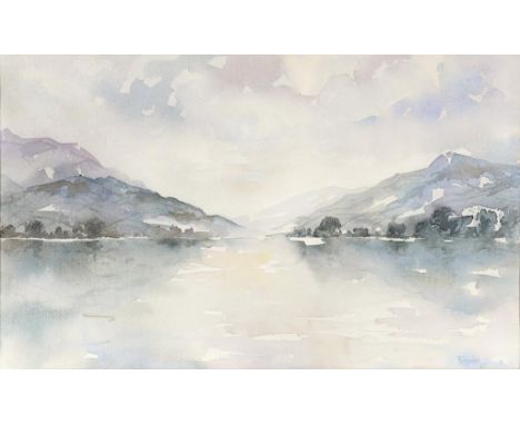 AN ARTIST'S SIGNED PRINT BY ALAN INGHAM, 36 X 56CM AND A WATERCOLOUR, MOUNTAINOUS LAKE LANDSCAPE
