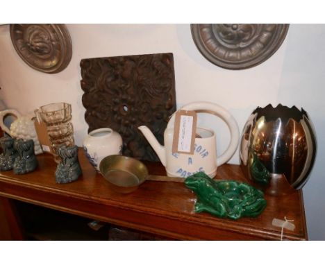 A collection of miscellaneous items including ceramic Art Deco chrome wine cooler, a cut glass vase, and other decorative ite