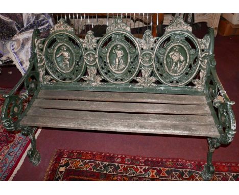 A green painted cast aluminium garden bench, H.84 W.123 D.62cm 