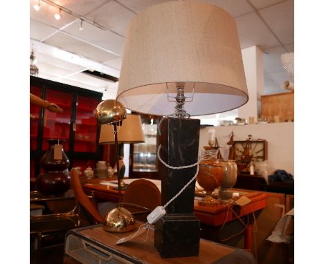 A faux marble painted table lamp with a linen drum shade, H.74cm, together with a mid century gilt brass adjustable desk lamp