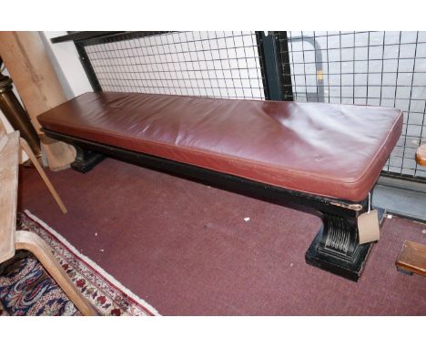 An early 20th century Adam's style ebonized bench, raised on lyre supports, H.40 W.208 D.45cm 