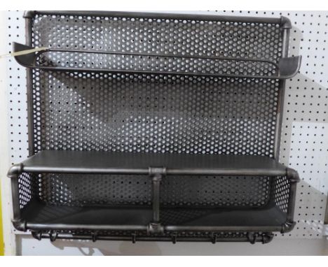 An industrial design metal wall hanging shelf unit, H.80cm W.80cm 