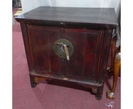 A pair of early 20th century Chinese lacquered twin door side cabinets, raised on bracket supports, H.74cm W.76cm (2) 
