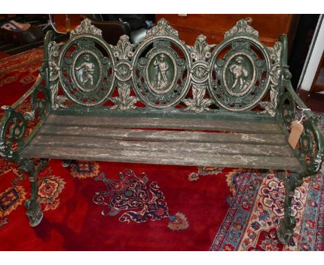 A green painted cast aluminium garden bench, H.84 W.123 D.62cm 