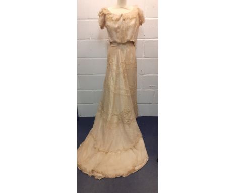 A late Victorian/early Edwardian cream silk lace 2-piece wedding outfit A/F requiring restoration, 30" chest x 22" waist x 56