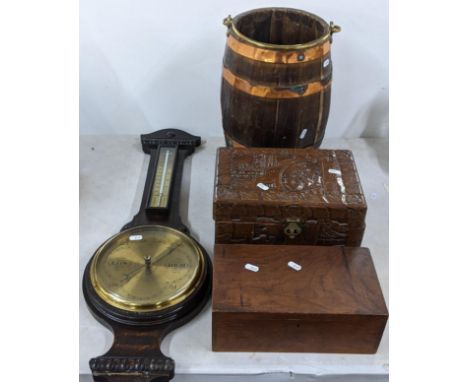 A mixed lot to include a 19th century copper bound bucket, Gregory & Seeley barometer, Chinese camphor box and a cedarwood bo