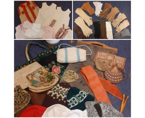 Vintage bags, gloves and hats to include a Harrods brown suede bonnet style hat, glove stretchers, miscellaneous single glove