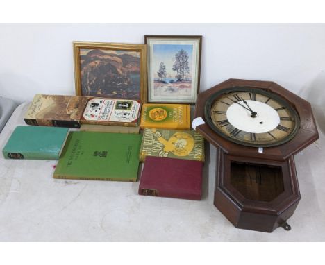 A late 19th century American Seth Thomas wall clock A/F together with mixed books to include The Yellow Scarf by Sir Francis 