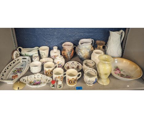 Mixed ceramics to include Dresden, KPM, Crown Derby, Royal Worcester, Royal commemorative mugs, stoneware jugs and others Loc