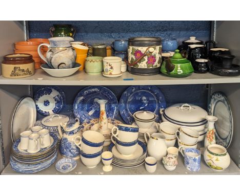 A mixed lot of porcelain and mixed china, stoneware to include blue and white, Spode, Booths and others, Poole pottery, Denby