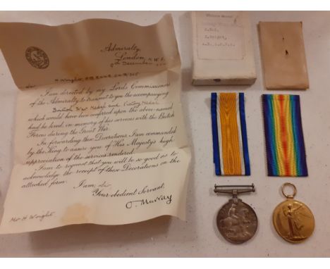 A 1914 WW1 Victory medal awarded to H.W.Wright, AB RNNR, ONR/365 and a WW1 war medal accompanied with original box, ribbons a