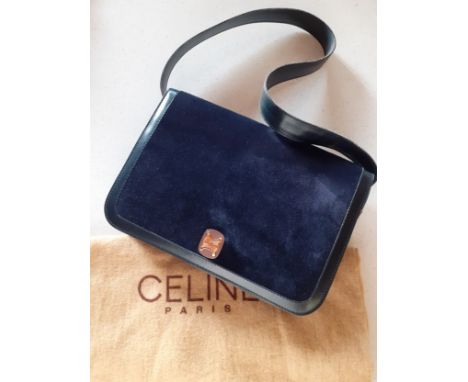 Celine-A vintage Celine Triomphe navy leather and suede single flap handbag having gold tone hardware and triomphe design to 