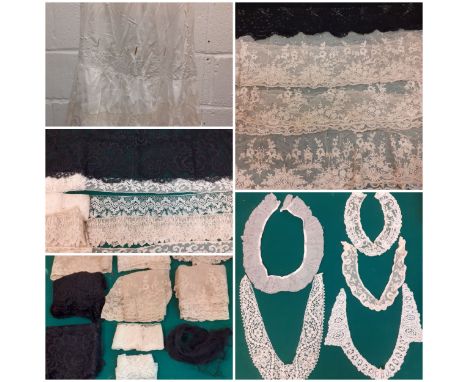 A quantity of 19th and early 20th Century lace trimmings and insertions to include an Alencon cream lace collar and bobbin la