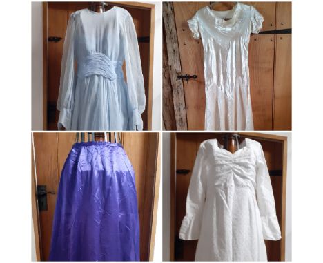 Late 19th and early 20th Century ladies clothing to include a vintage pale blue chiffon evening gown 34" chest x 56" long, ha