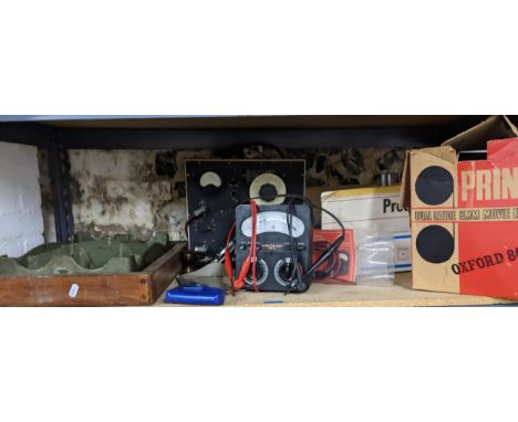 A mixed lot of tools and electrical equipment to include a Workman precision metre saw, Anant woodwork plane boxed Prinz dual