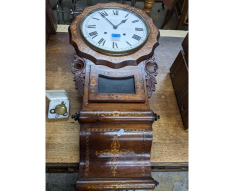 A Dutch style regulator wall clock, ornately inlaid walnut case, with glazed pendulum aperture, 11 1/2" Roman dial with two w