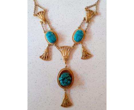 Christian Dior-A vintage Egyptian Revival inspired gold tone and turquoise cabochon scarab necklace A/F (see condition notes 
