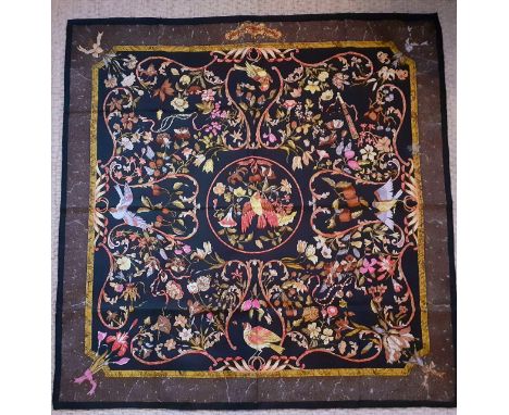 Hermes- A 1988 'Pierres d'Orient et d'Occident' silk scarf designed by Zoe Pauwels having a black ground with images of birds