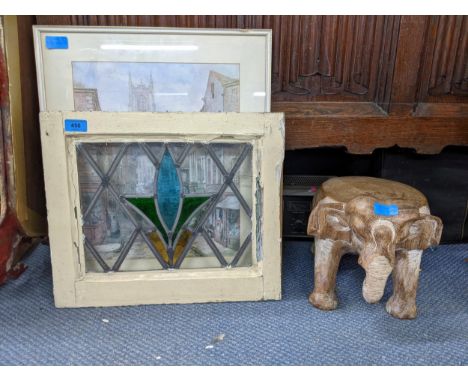 Three items to include an elephant stool, a 1930's stained glass panel and a print (originally by Louse Raynee) depicting a s