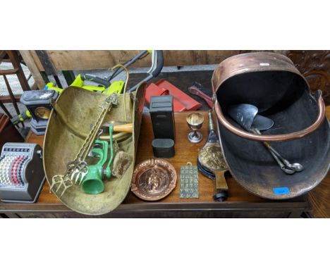 A mixed lot of copper and brassware and other items to include a wall hanging brass alphabet plaque, copper coal scuttle, Cou