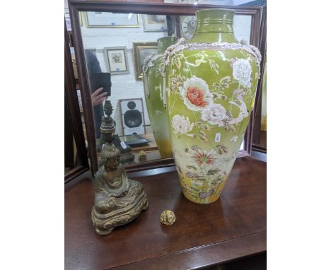 A large early 20th century Japanese Satsuma vase decorated with birds in flight amongst foliage, twin butterfly with blind pe