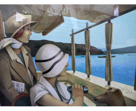 A large framed and glazed Fabio Hurtado limited edition print depicting a pair of ladies looking out to sea with a dog, No. 3