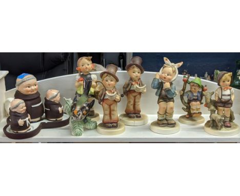 Six Goebel figures, one Goebel bird and a salt pepper and sauce pot fashioned three monksLocation: FSR 